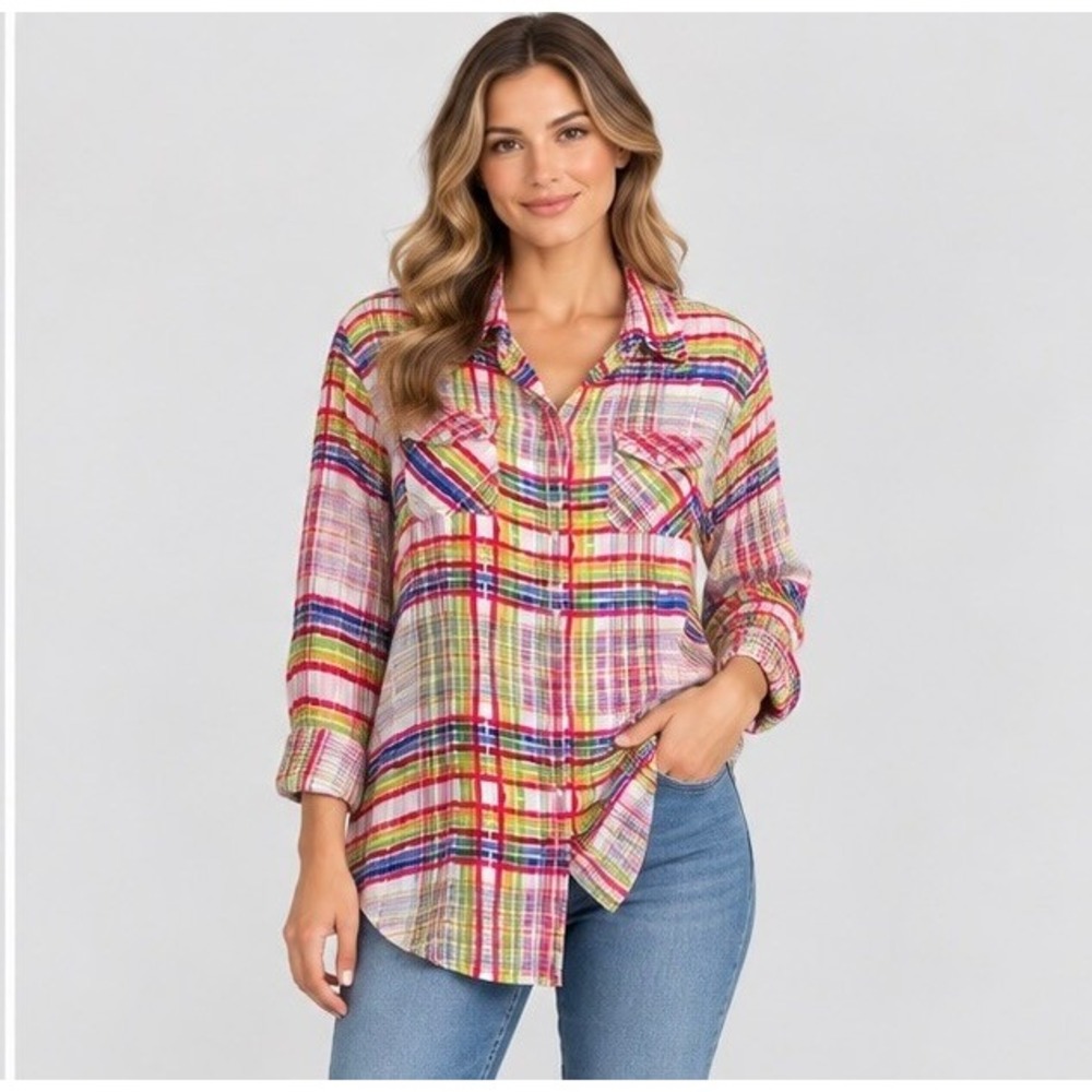 Cabi Womens Medium Multicolor Plaid Button Down Shirt Rayon Boho Blouse 797